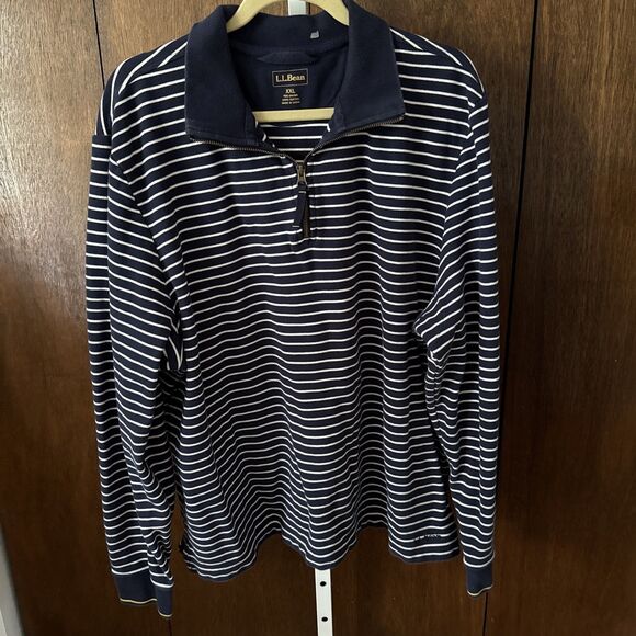 L.L. Bean Polo Long Sleeve Shirt Mens XXL Blue Striped 1/4 Zip Pullover - Picture 2 of 5